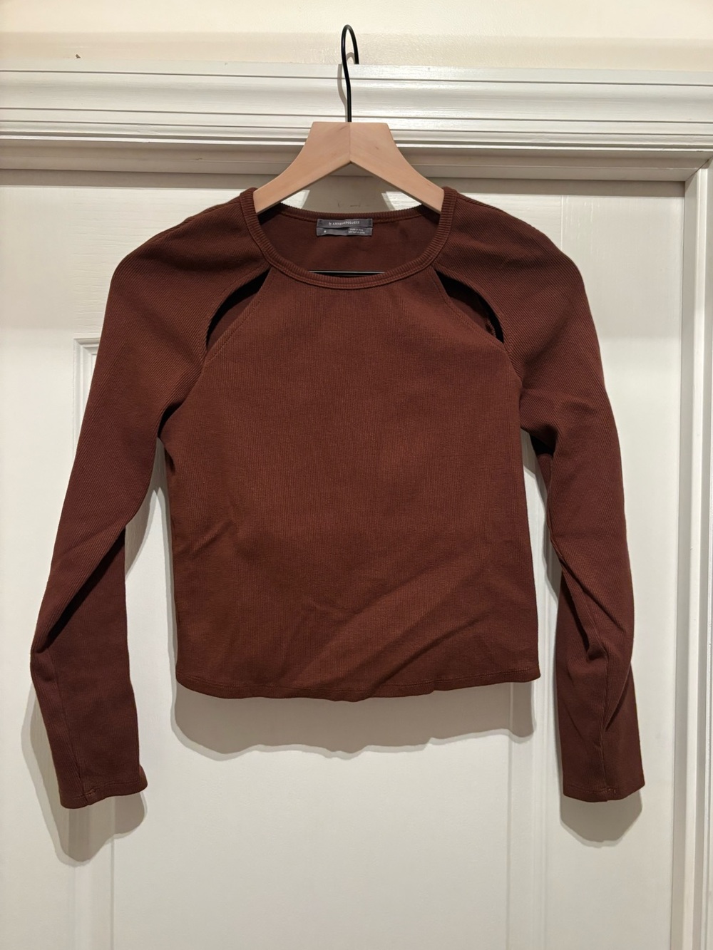 Women’s Anthropologie Cropped Long Sleeve Shirt-Shoulder Cut Out-Ribbed-Brown M